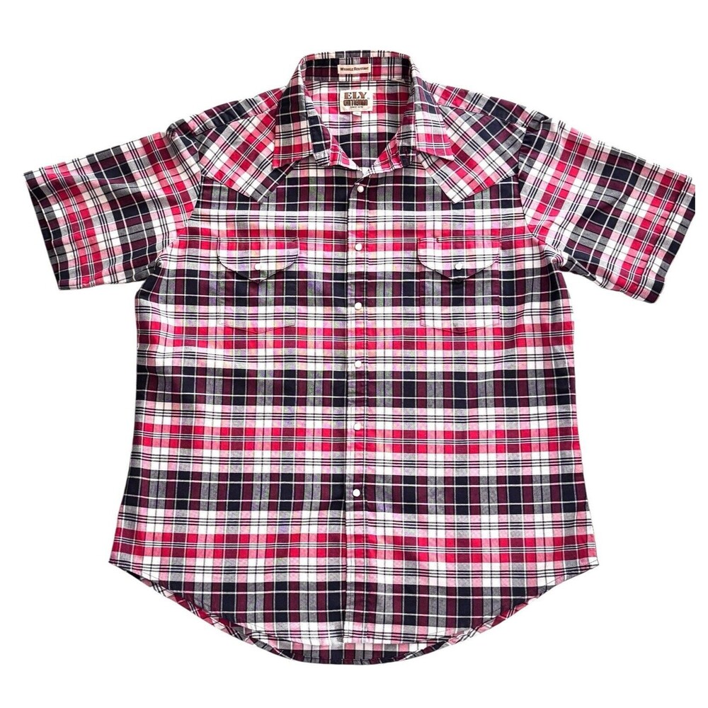 Ely Cattleman Shirt Mens XL Western Multicolor Plaid Short Sleeve Pearl Snap